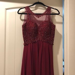 Red embroidered prom dress